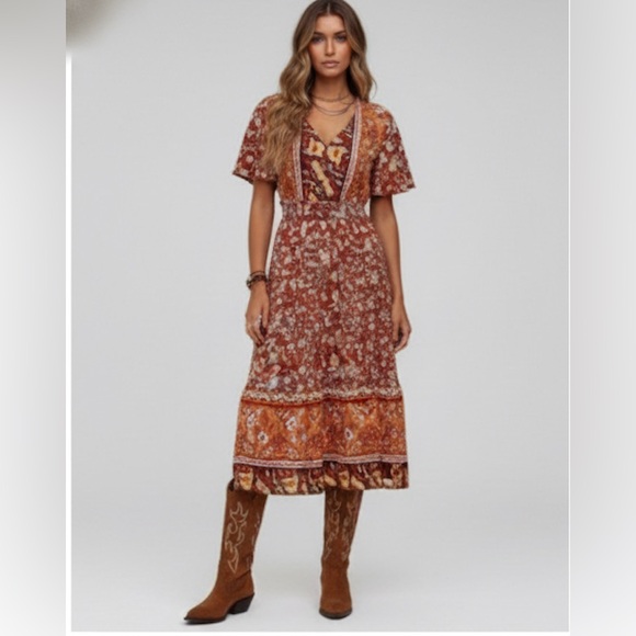 Boho Western Floral Print Butterfly Sleeve Ruffle Hem Dress - Picture 1 of 6